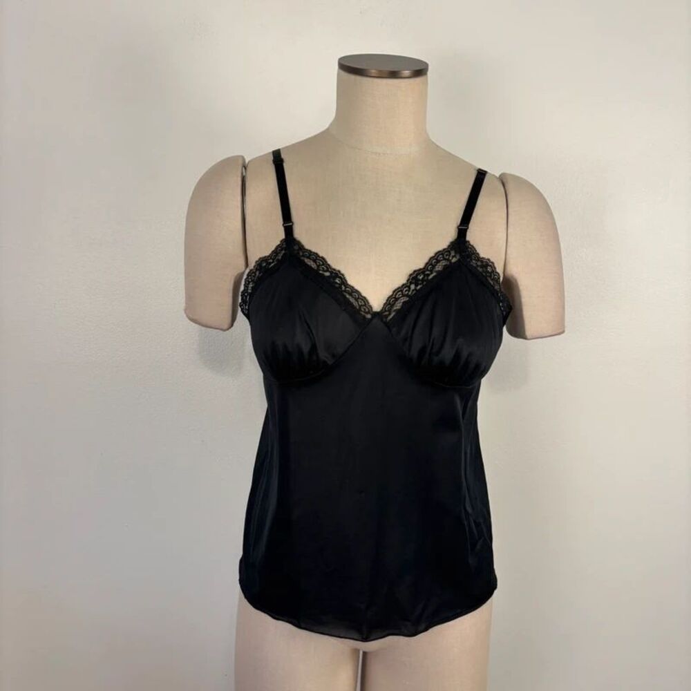 VTG 90s Y2K Black Nylon Camisole Lace Trim Top Lingerie Coquette Whimsigoth